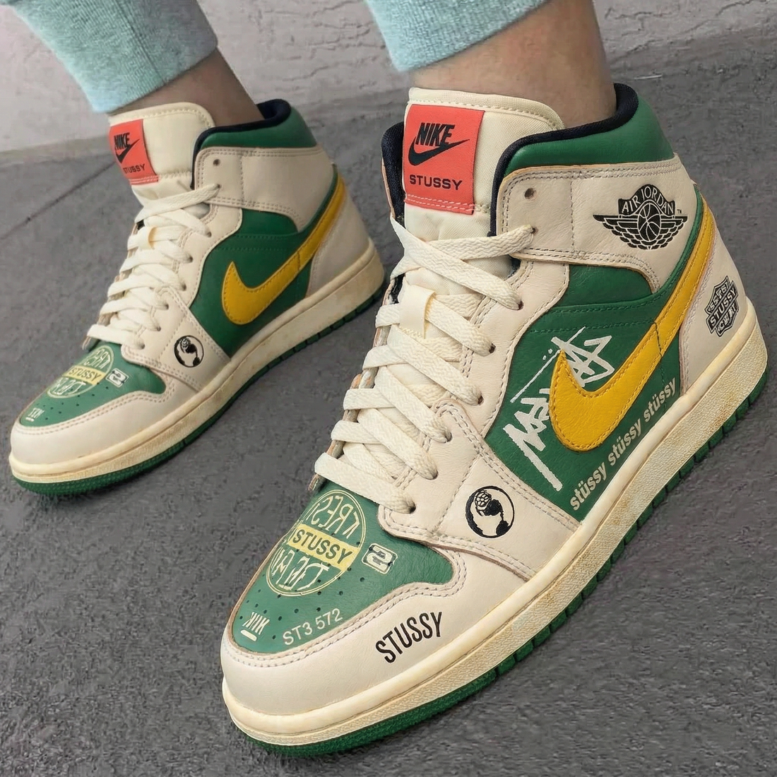 Custom AJ 1s Shoes Stussy Logo Green Yellow