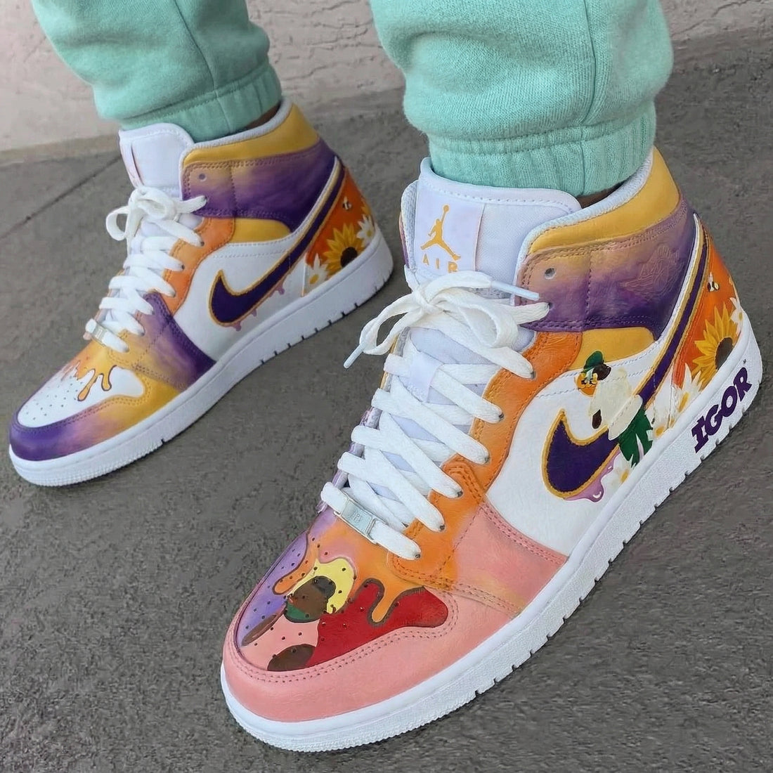 Custom AJ 1s Shoes Sunflower and Igor Design Orange and Purple