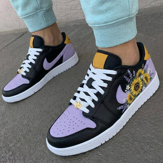 Custom AJ 1s Shoes Sunflower and Lavender Pattern Black and Lilac