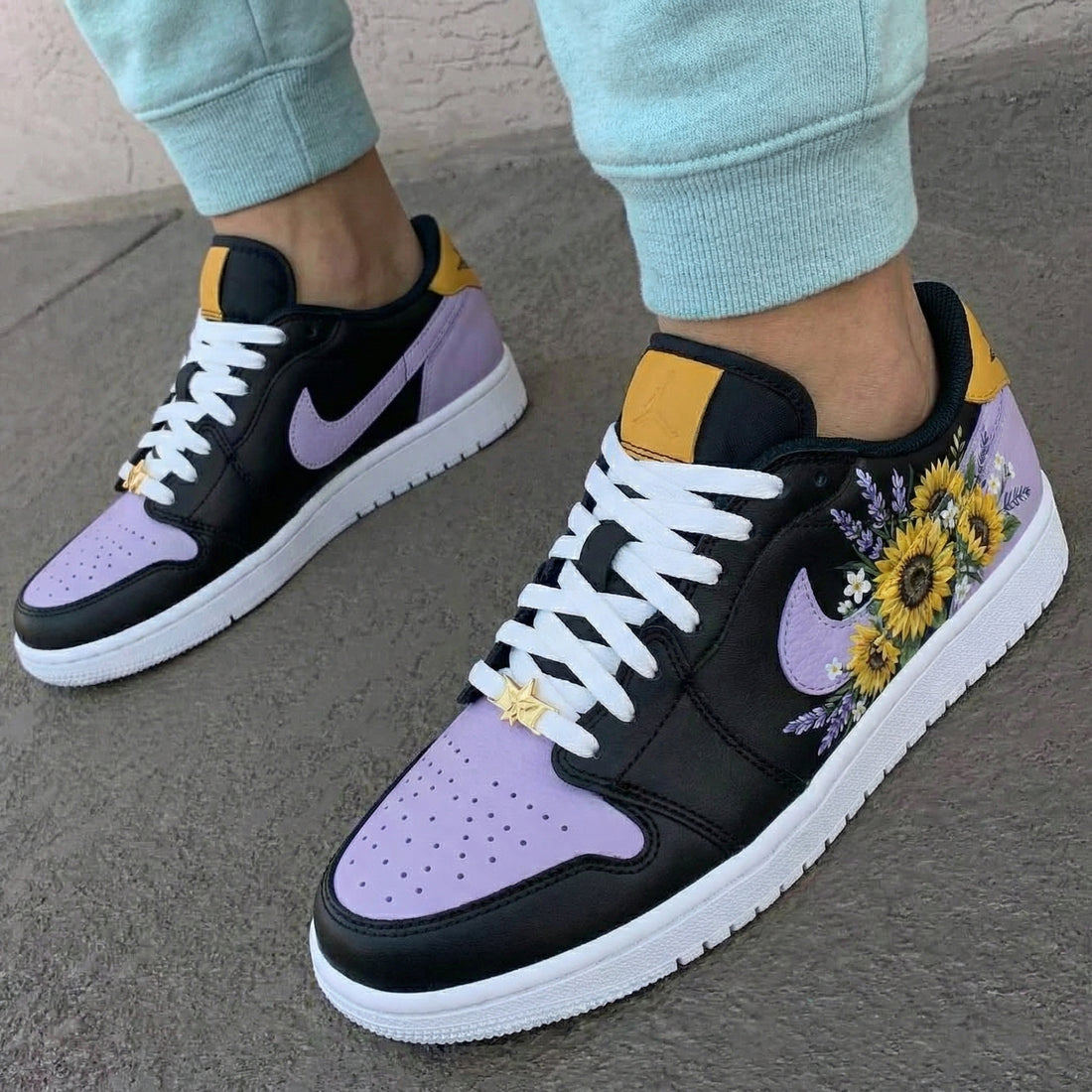 Custom AJ 1s Shoes Sunflower and Lavender Pattern Black and Lilac