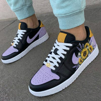 Custom AJ 1s Shoes Sunflower and Lavender Pattern Black and Lilac