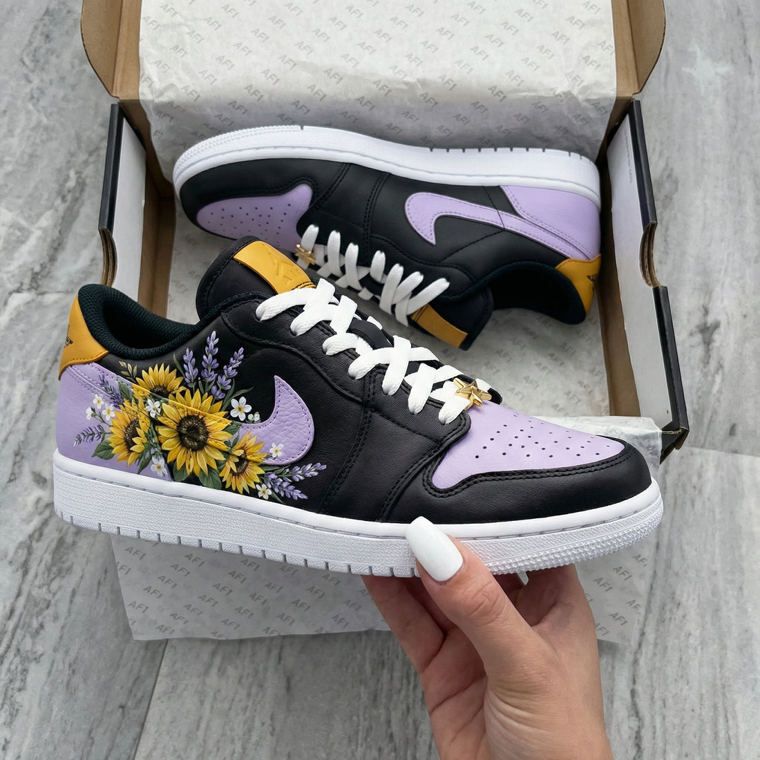 Custom AJ 1s Shoes Sunflower and Lavender Pattern Black and Lilac