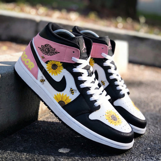 Custom AJ 1s Shoes Sunflower Bee Pattern Baby Pink Black
