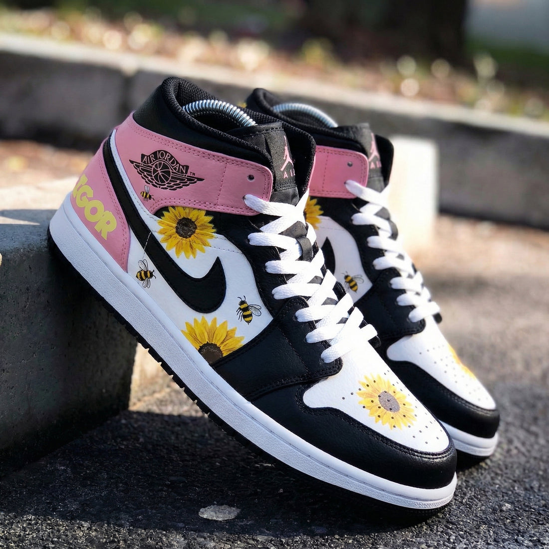 Custom AJ 1s Shoes Sunflower Bee Pattern Baby Pink Black