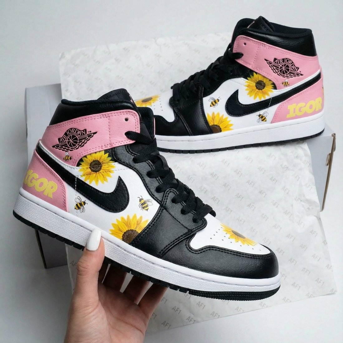 Custom AJ 1s Shoes Sunflower Bee Pattern Baby Pink Black