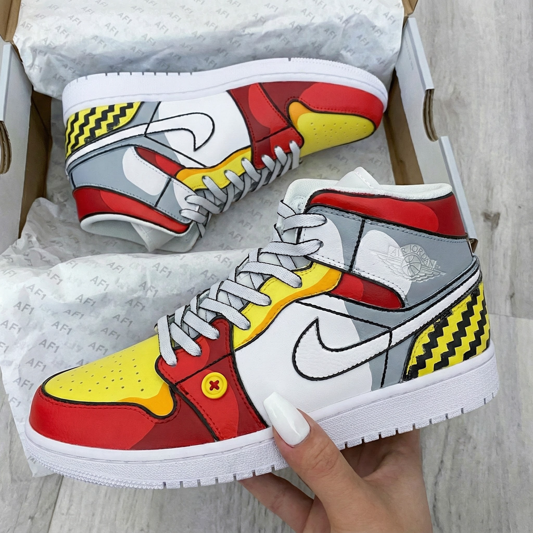 Custom AJ 1s Shoes Super Fun Red Yellow Gray Cartoon Pattern