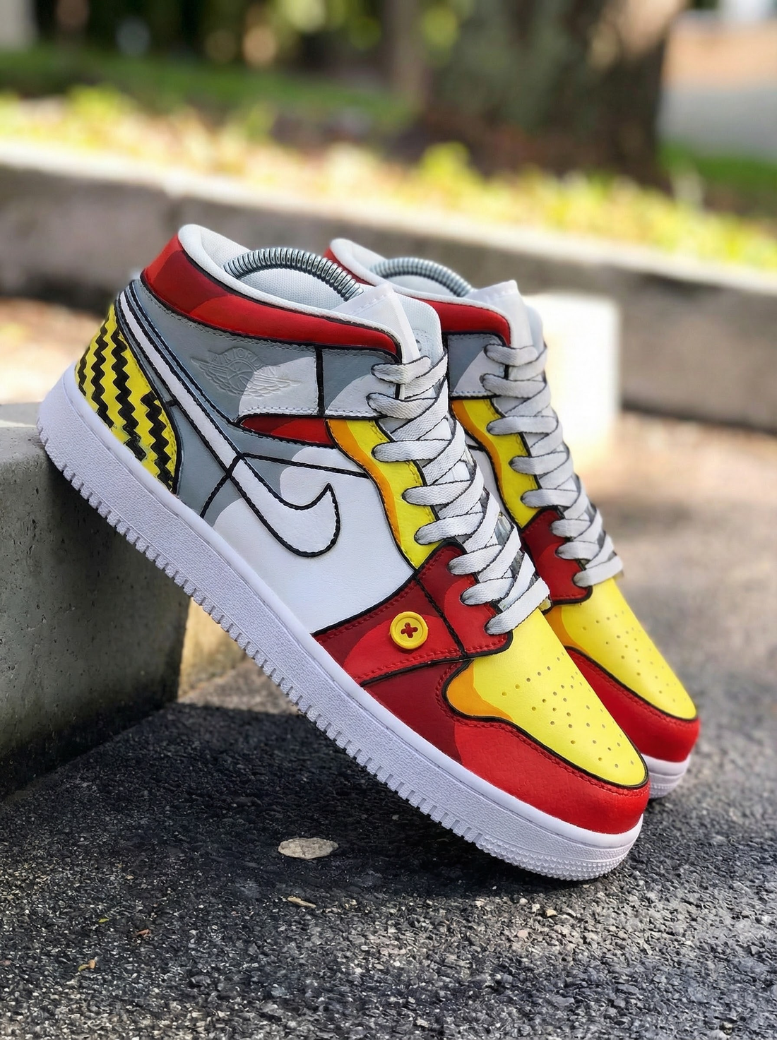 Custom AJ 1s Shoes Super Fun Red Yellow Gray Cartoon Pattern