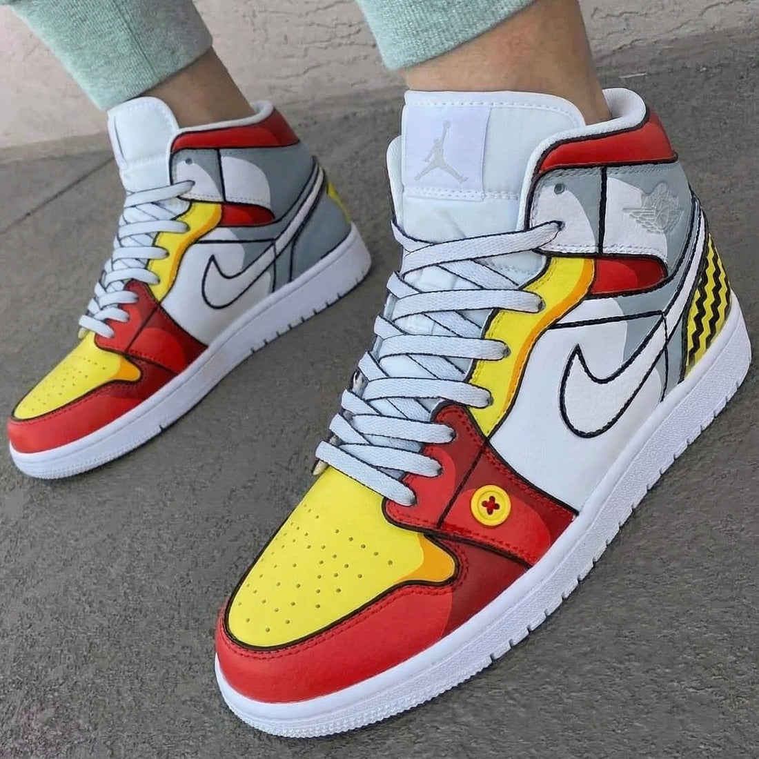 Custom AJ 1s Shoes Super Fun Red Yellow Gray Cartoon Pattern