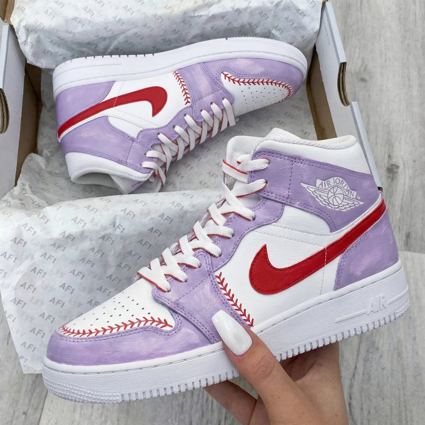 Custom AJ 1s Shoes Sweet Baby Purple Red Baseball Stitch