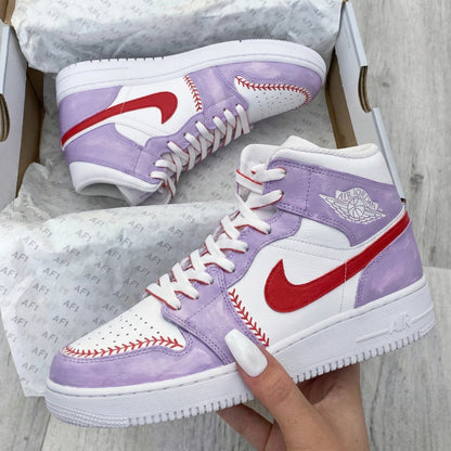 Custom AJ 1s Shoes Sweet Baby Purple Red Baseball Stitch