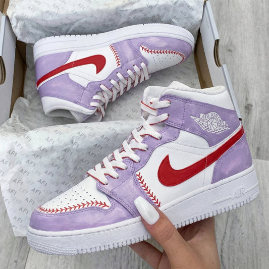 Custom AJ 1s Shoes Sweet Baby Purple Red Baseball Stitch