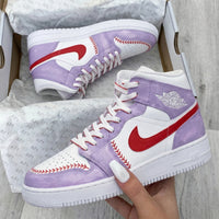 Custom AJ 1s Shoes Sweet Baby Purple Red Baseball Stitch