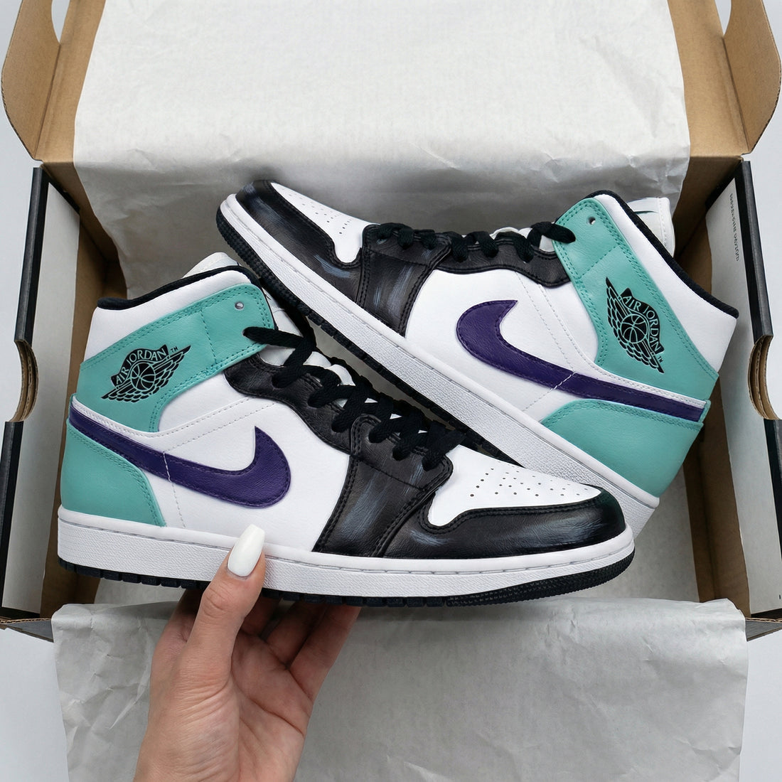 Custom AJ 1s Shoes Teal Purple Black and White