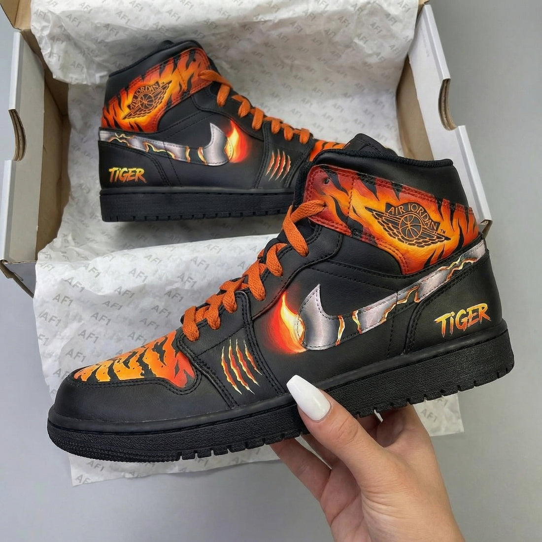Custom AJ 1s Shoes Tiger Flame Pattern Black Orange