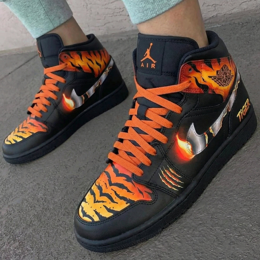 Custom AJ 1s Shoes Tiger Flame Pattern Black Orange