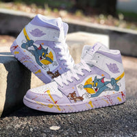 Custom AJ 1s Shoes Tom and Jerry Pattern Lilac Yellow