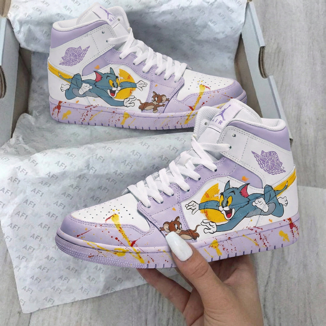 Custom AJ 1s Shoes Tom and Jerry Pattern Lilac Yellow