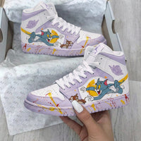Custom AJ 1s Shoes Tom and Jerry Pattern Lilac Yellow