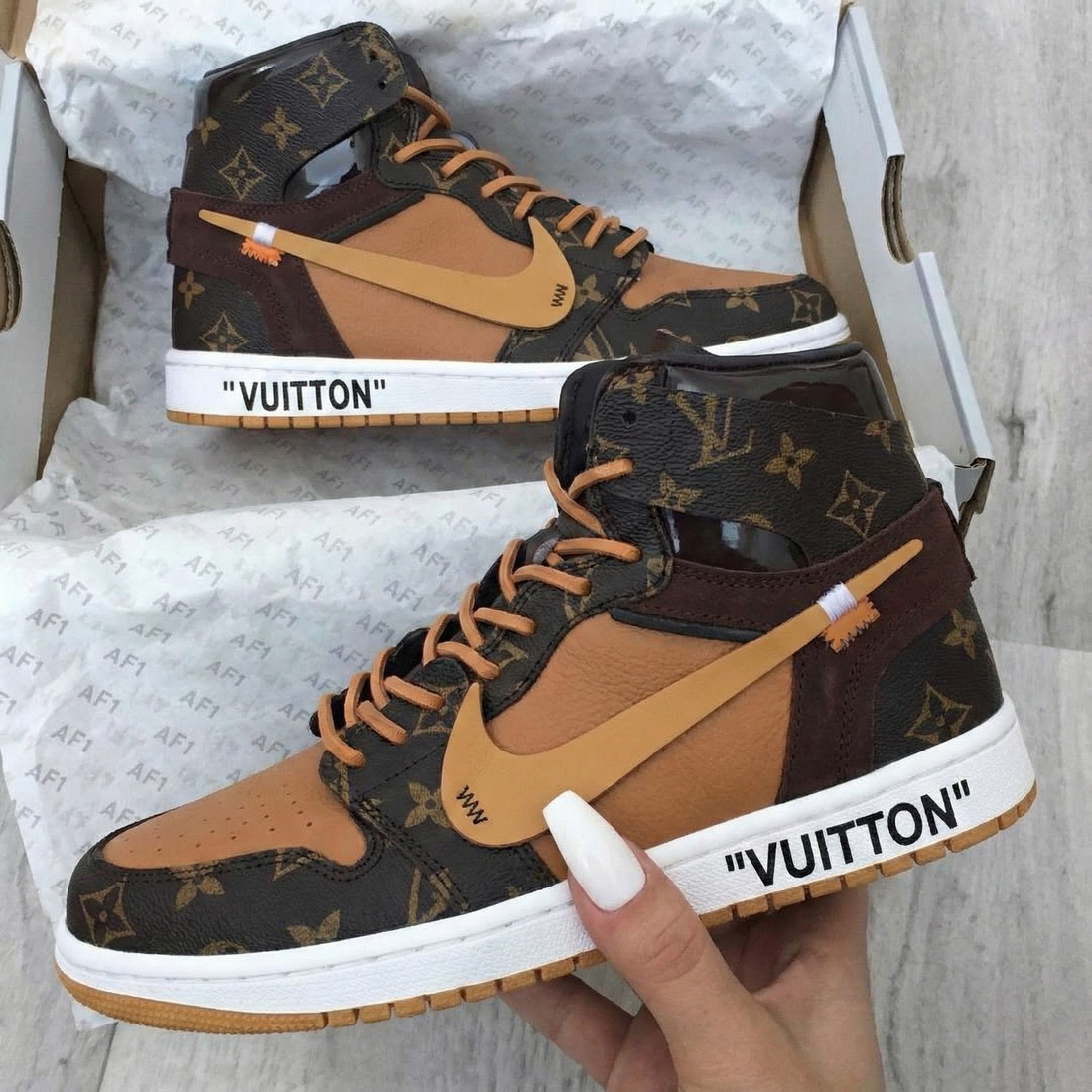 Custom AJ 1s Shoes Travis Scott LV Pattern Brown Tan