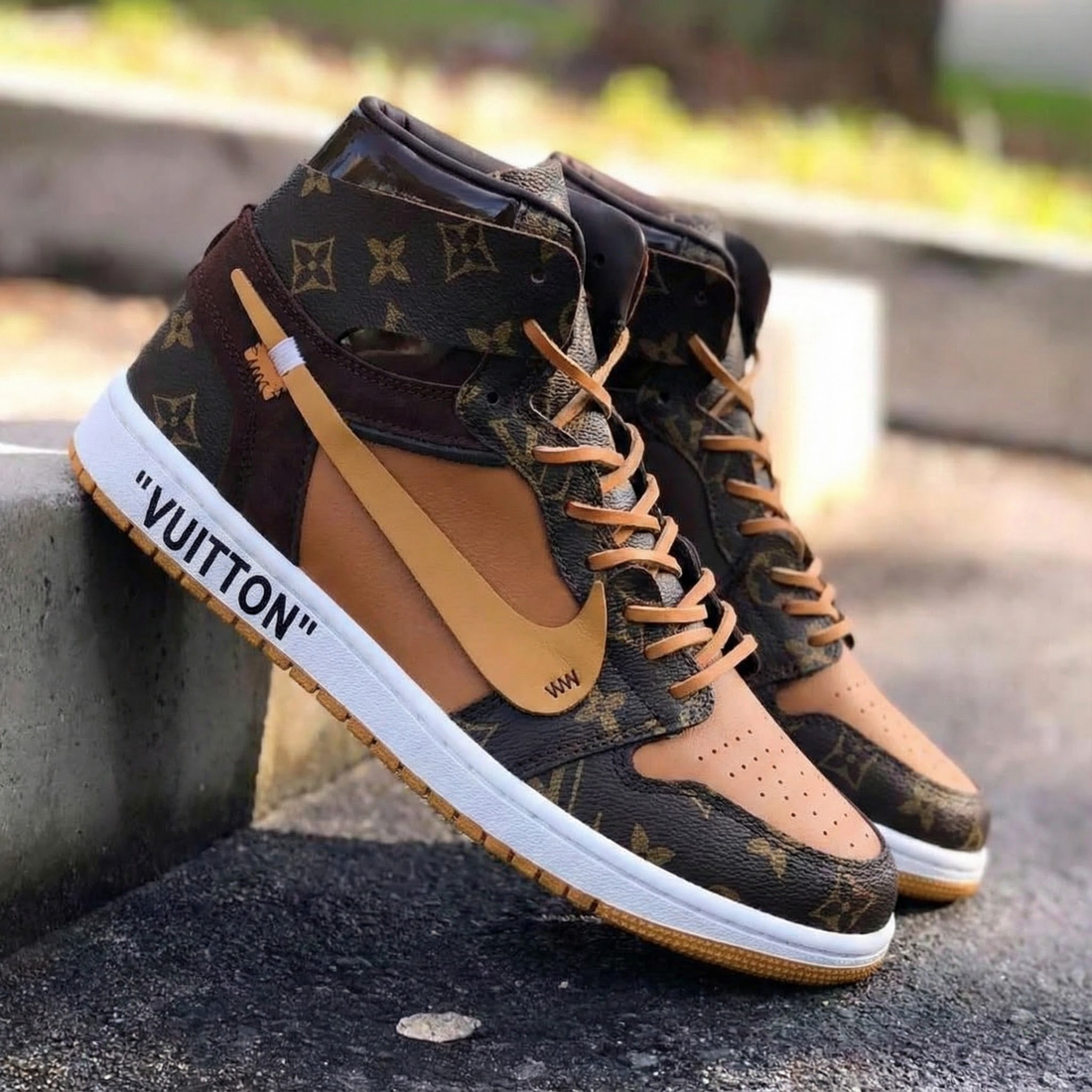 Custom AJ 1s Shoes Travis Scott LV Pattern Brown Tan