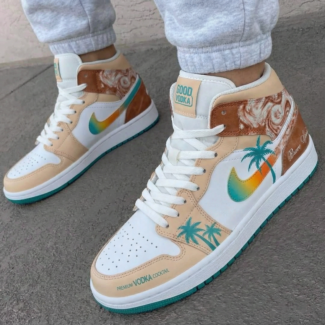 Custom AJ 1s Shoes Vibrant Palm Tree Orange Teal Design