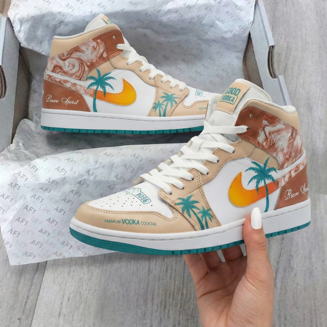 Custom AJ 1s Shoes Vibrant Palm Tree Orange Teal Design