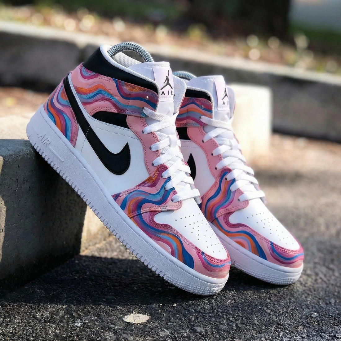 Custom AJ 1s Shoes Wave Pattern Baby Pink Black