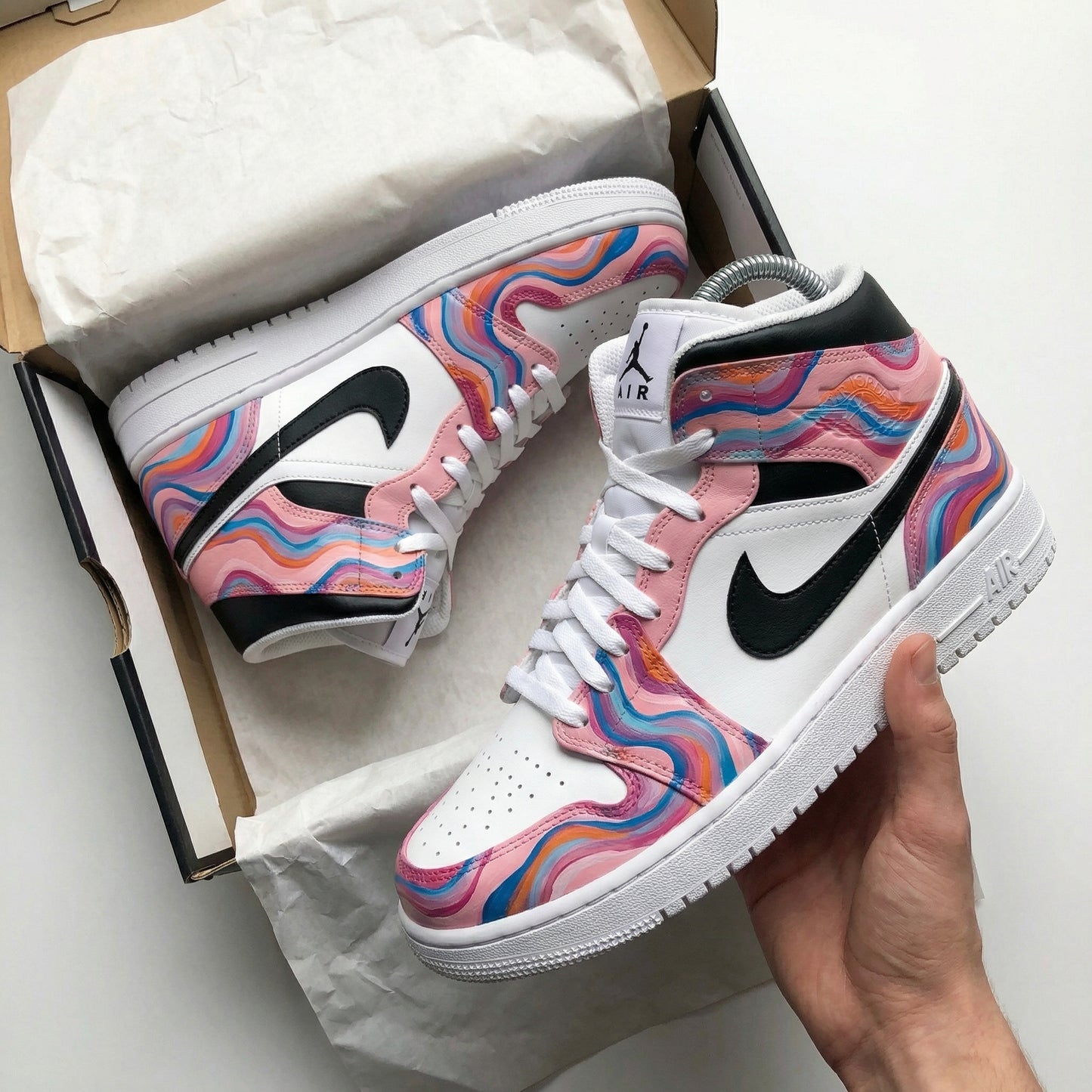 Custom AJ 1s Shoes Wave Pattern Baby Pink Black