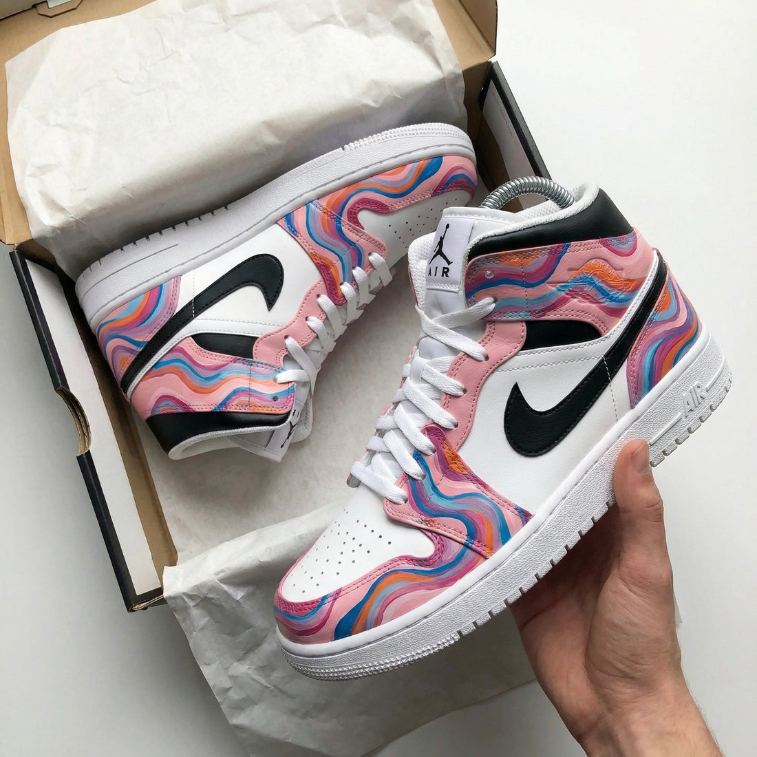 Custom AJ 1s Shoes Wave Pattern Baby Pink Black