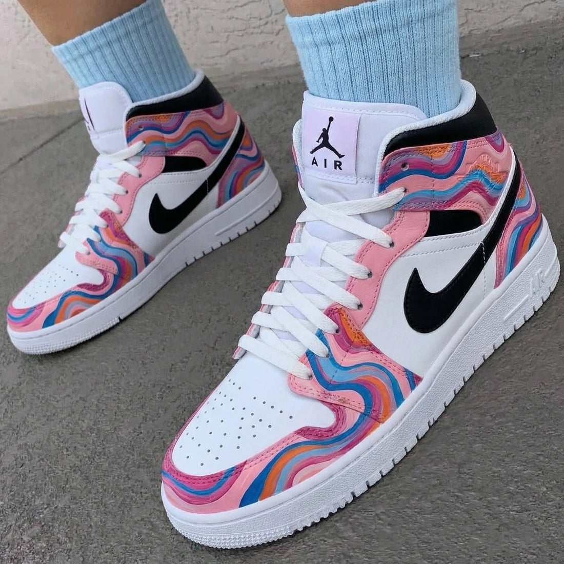 Custom AJ 1s Shoes Wave Pattern Baby Pink Black