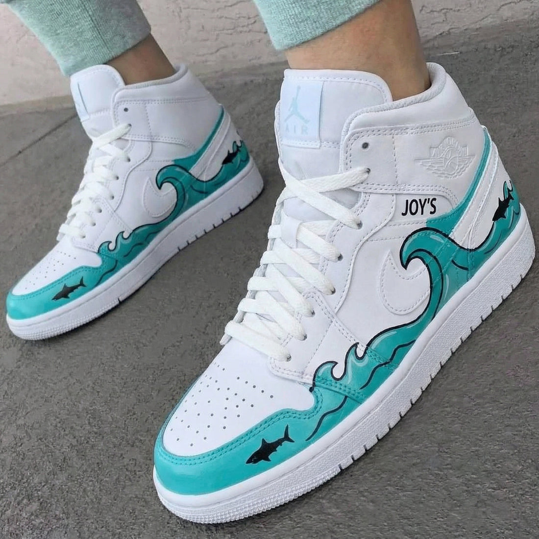 Custom AJ 1s Shoes Wave Shark Teal Black