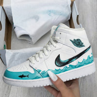 Custom AJ 1s Shoes Waves Shark Turquoise Black