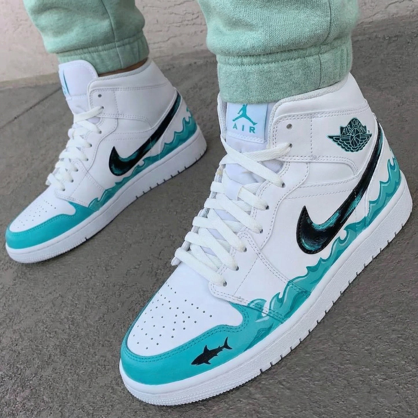 Custom AJ 1s Shoes Waves Shark Turquoise Black