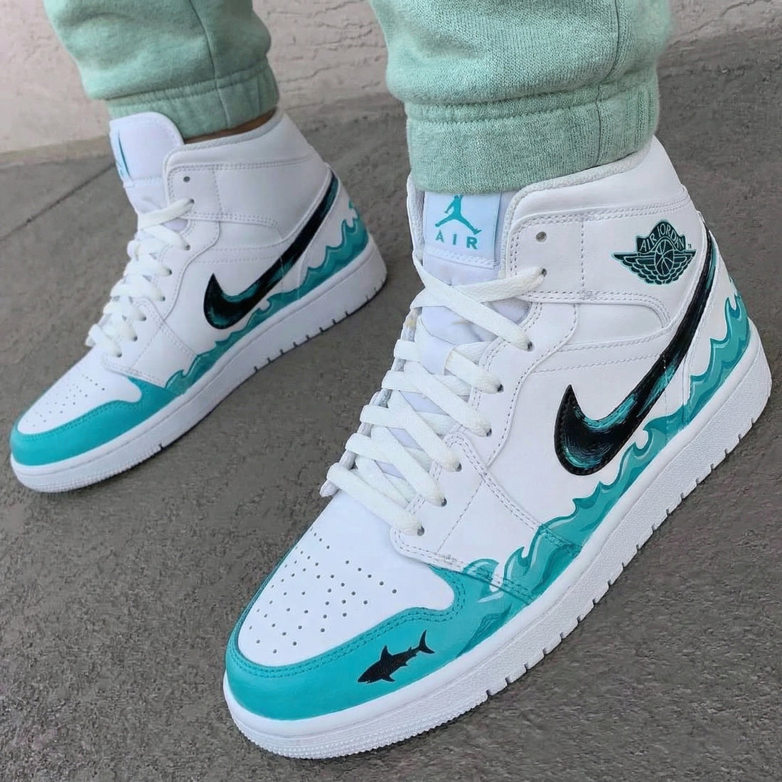 Custom AJ 1s Shoes Waves Shark Turquoise Black
