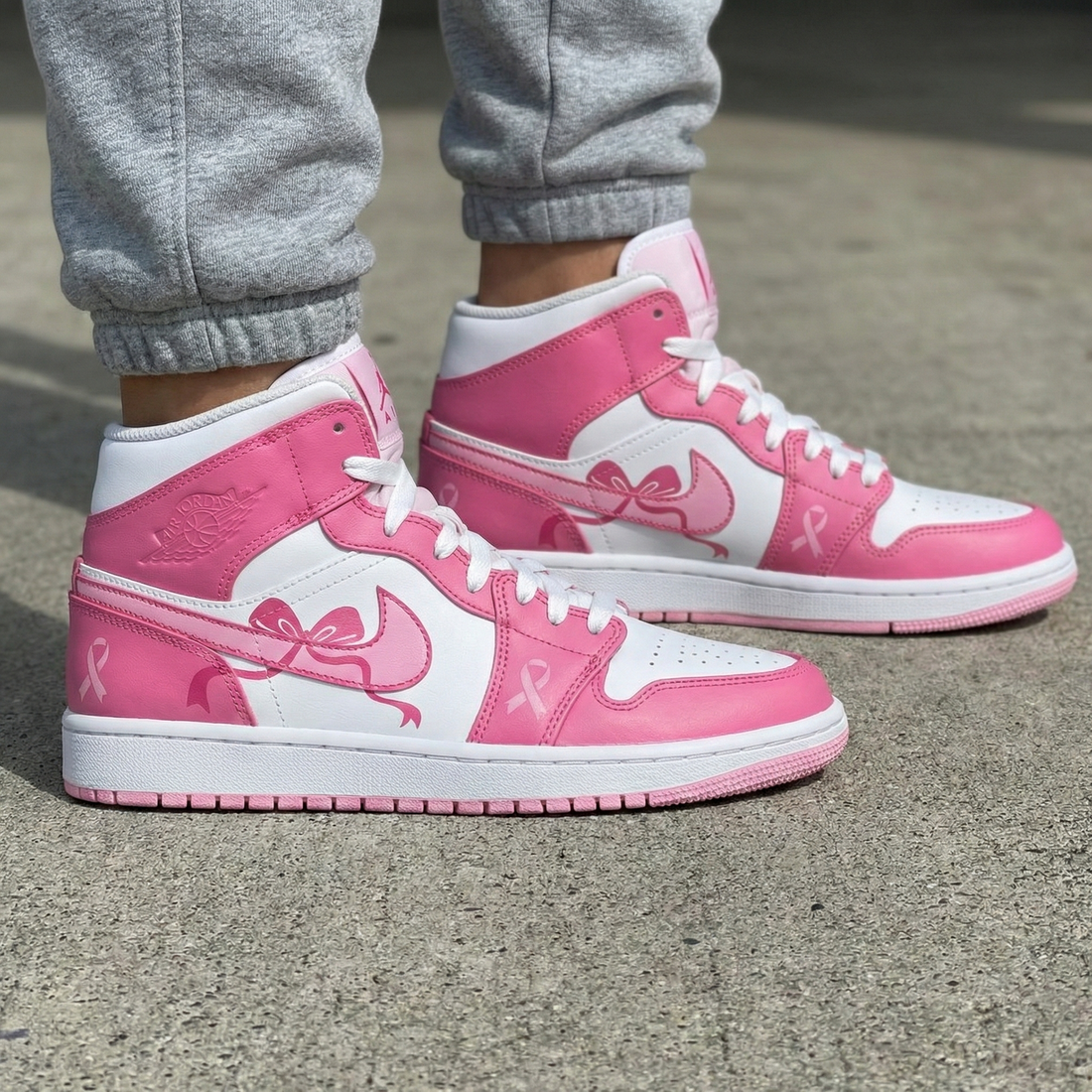 Custom AJ 1s Shoes With Bows And Ribbons Baby Pink White