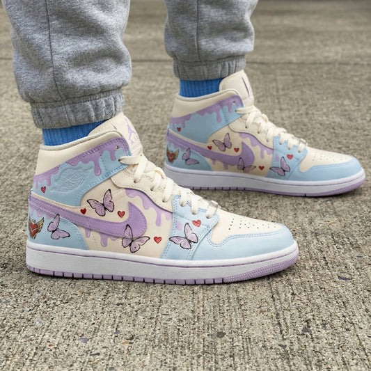 Custom AJ 1s Shoes with Butterflies and Hearts Baby Blue and Lilac