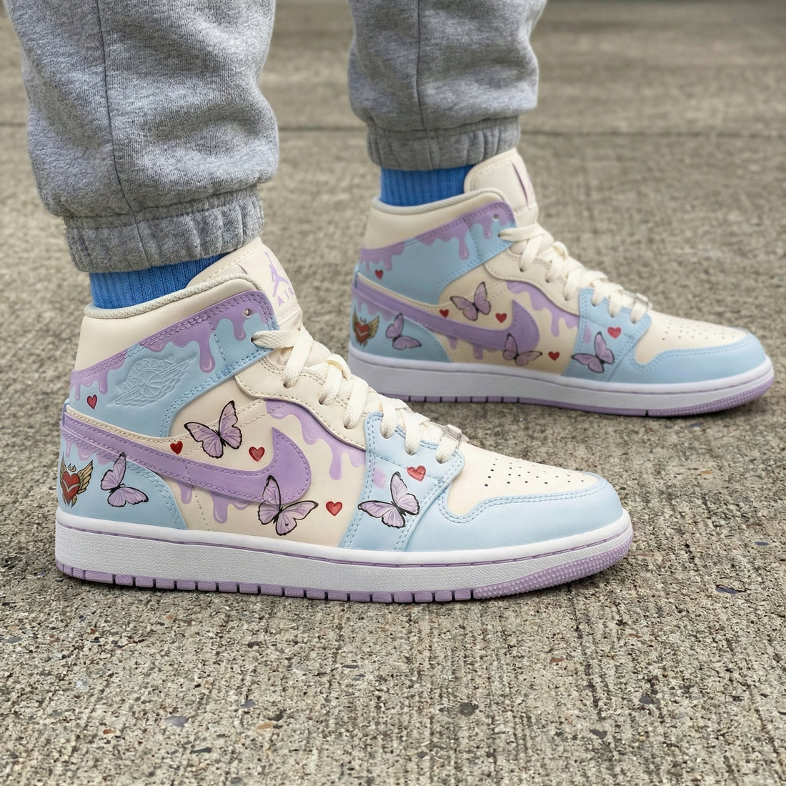 Custom AJ 1s Shoes with Butterflies and Hearts Baby Blue and Lilac