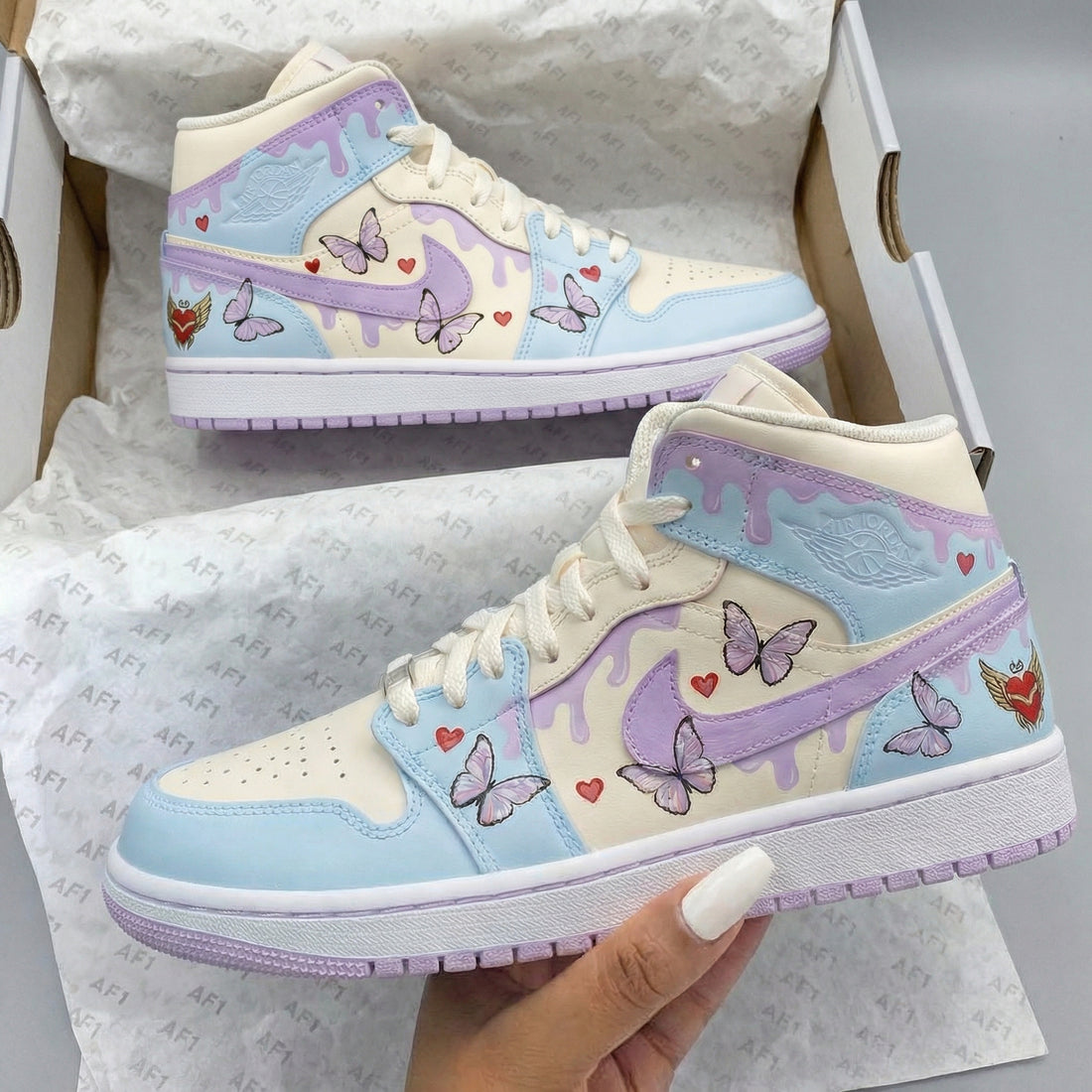 Custom AJ 1s Shoes with Butterflies and Hearts Baby Blue and Lilac