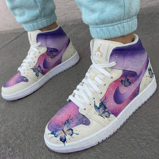 Custom AJ 1s Shoes with Butterflies and Purple Pink Color