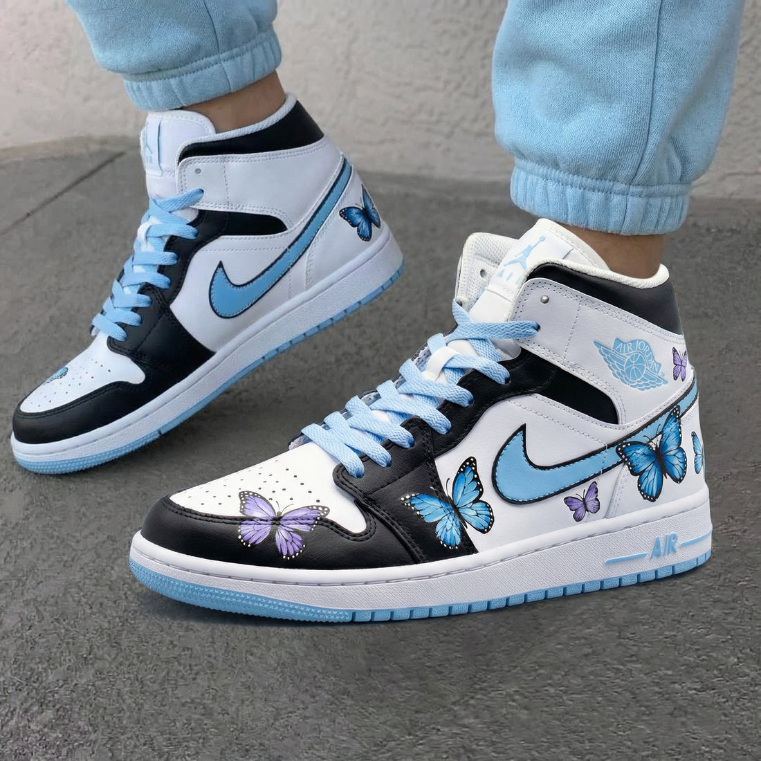 Custom AJ 1s Shoes with Butterflies Baby Blue and Black