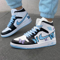 Custom AJ 1s Shoes with Butterflies Baby Blue and Black