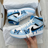 Custom AJ 1s Shoes with Butterflies Baby Blue and Black