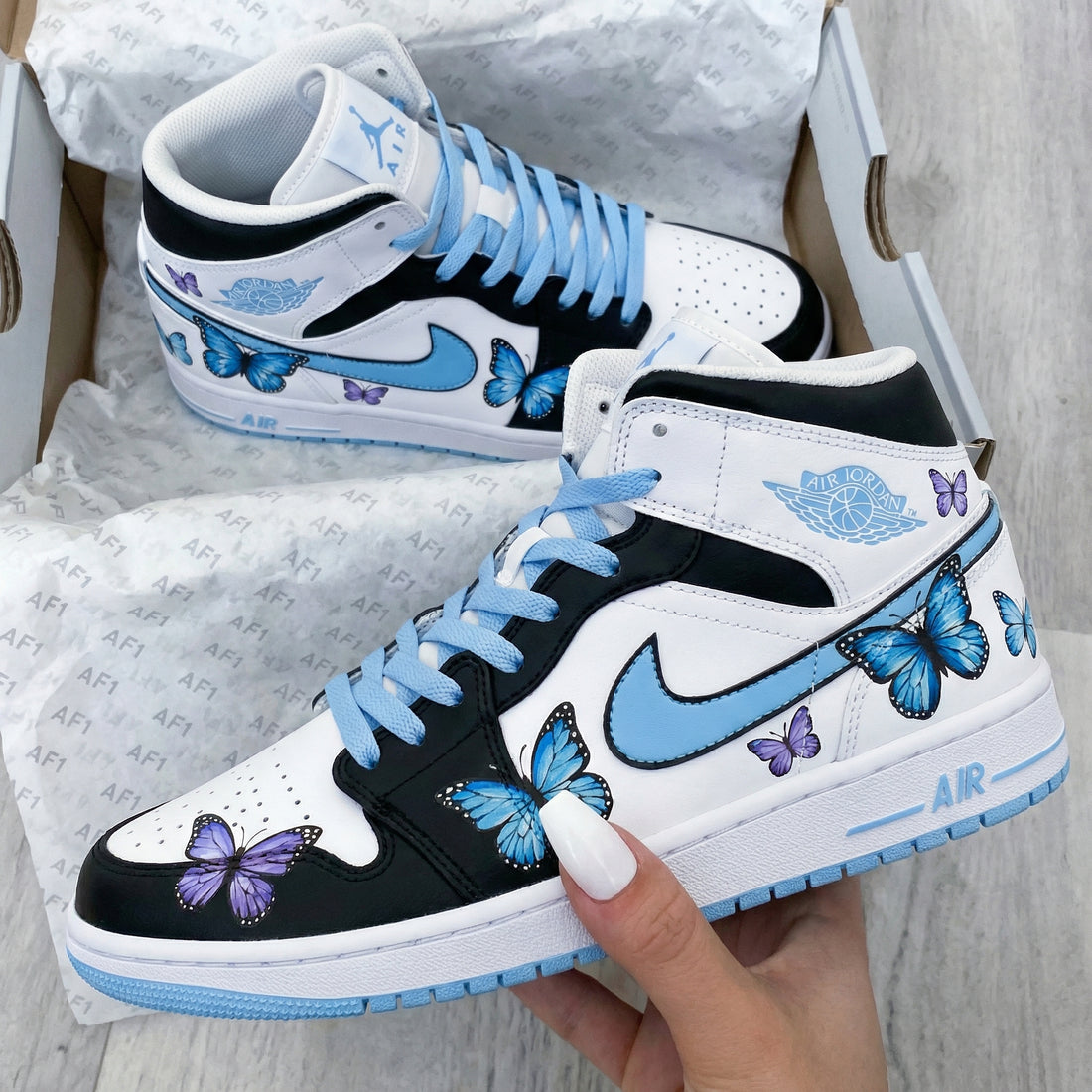 Custom AJ 1s Shoes with Butterflies Baby Blue and Black