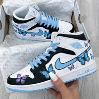 Custom AJ 1s Shoes with Butterflies Baby Blue and Black
