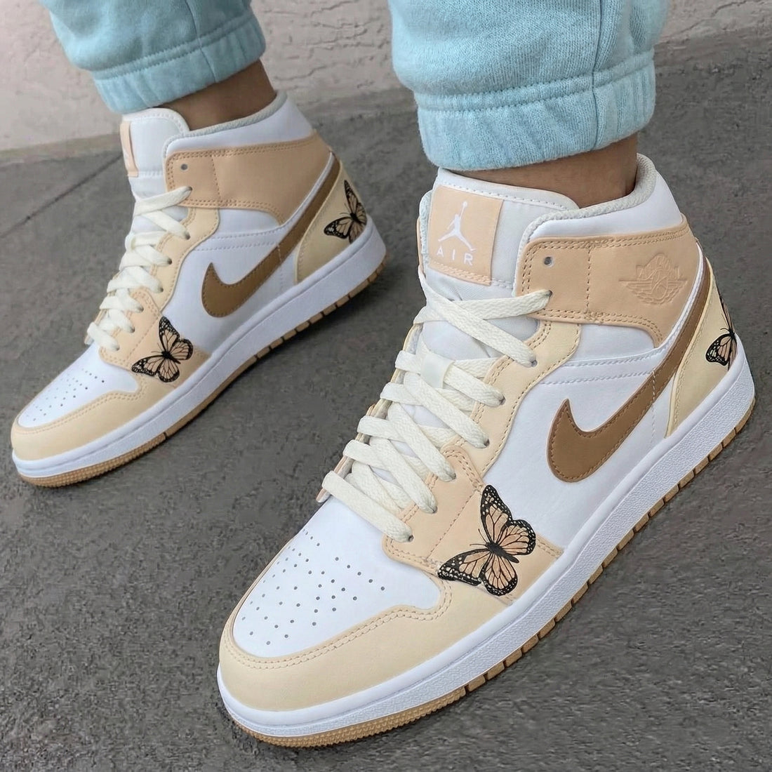 Custom AJ 1s Shoes with Butterflies Beige White