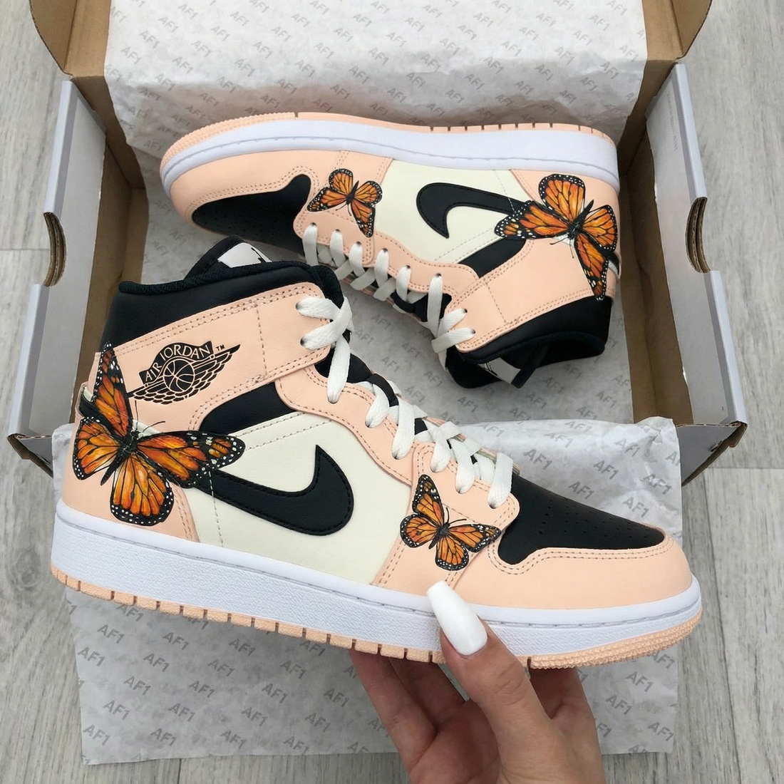 Custom AJ 1s Shoes with Butterflies Blush Black
