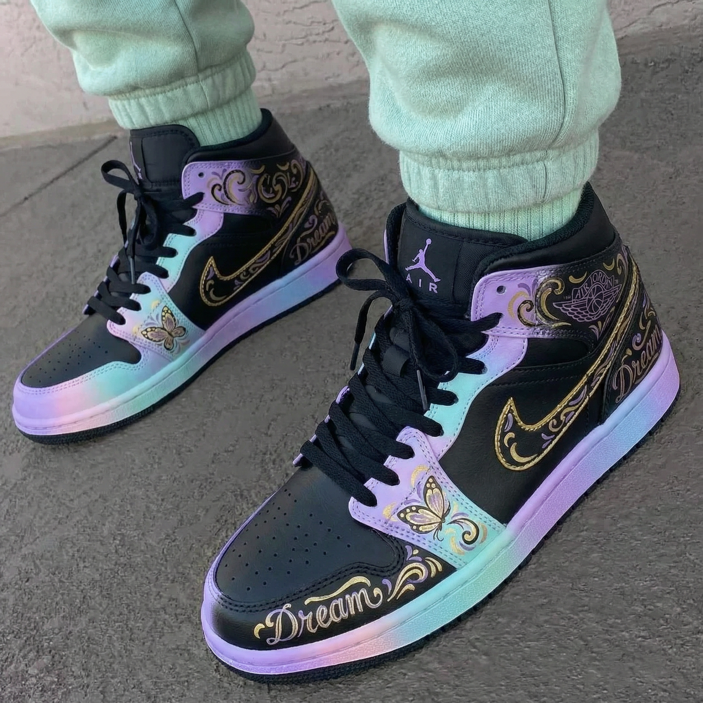 Custom AJ 1s Shoes with Butterfly Patterns and Baby Blue Purple Color