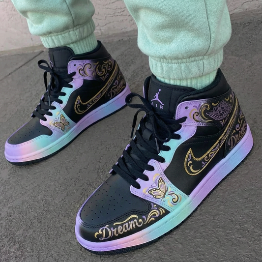 Custom AJ 1s Shoes with Butterfly Patterns and Baby Blue Purple Color
