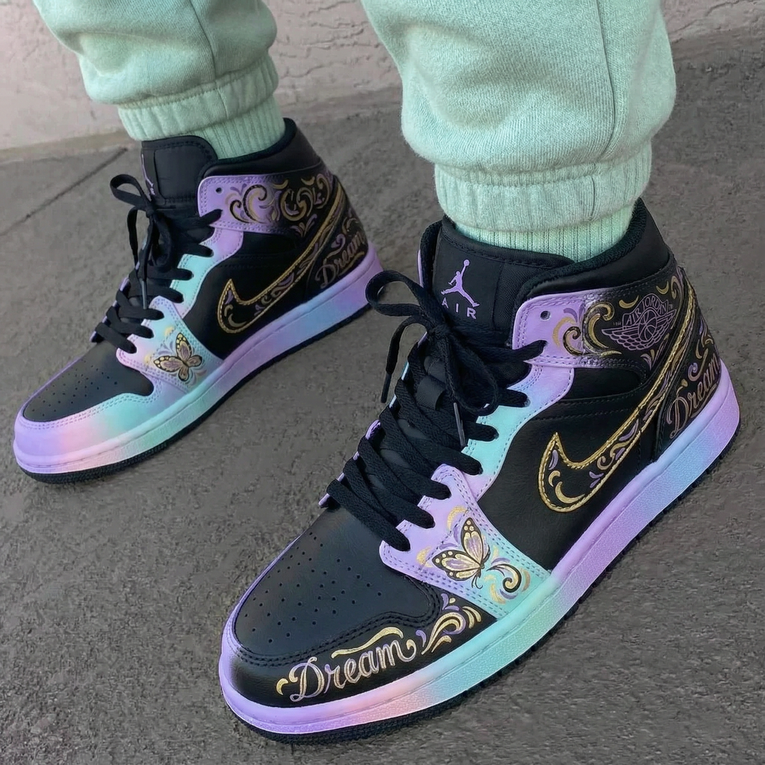 Custom AJ 1s Shoes with Butterfly Patterns and Baby Blue Purple Color