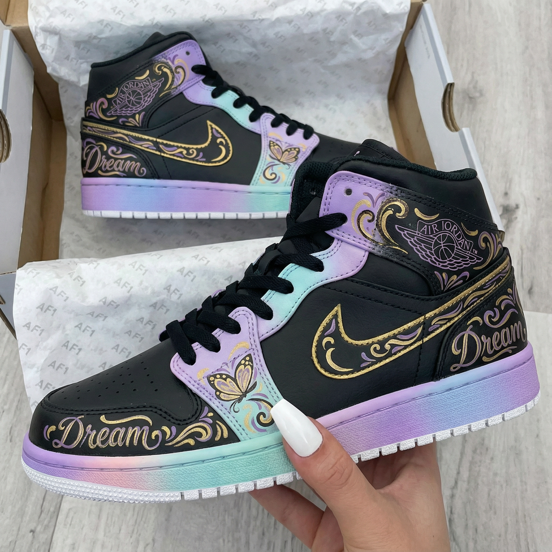 Custom AJ 1s Shoes with Butterfly Patterns and Baby Blue Purple Color